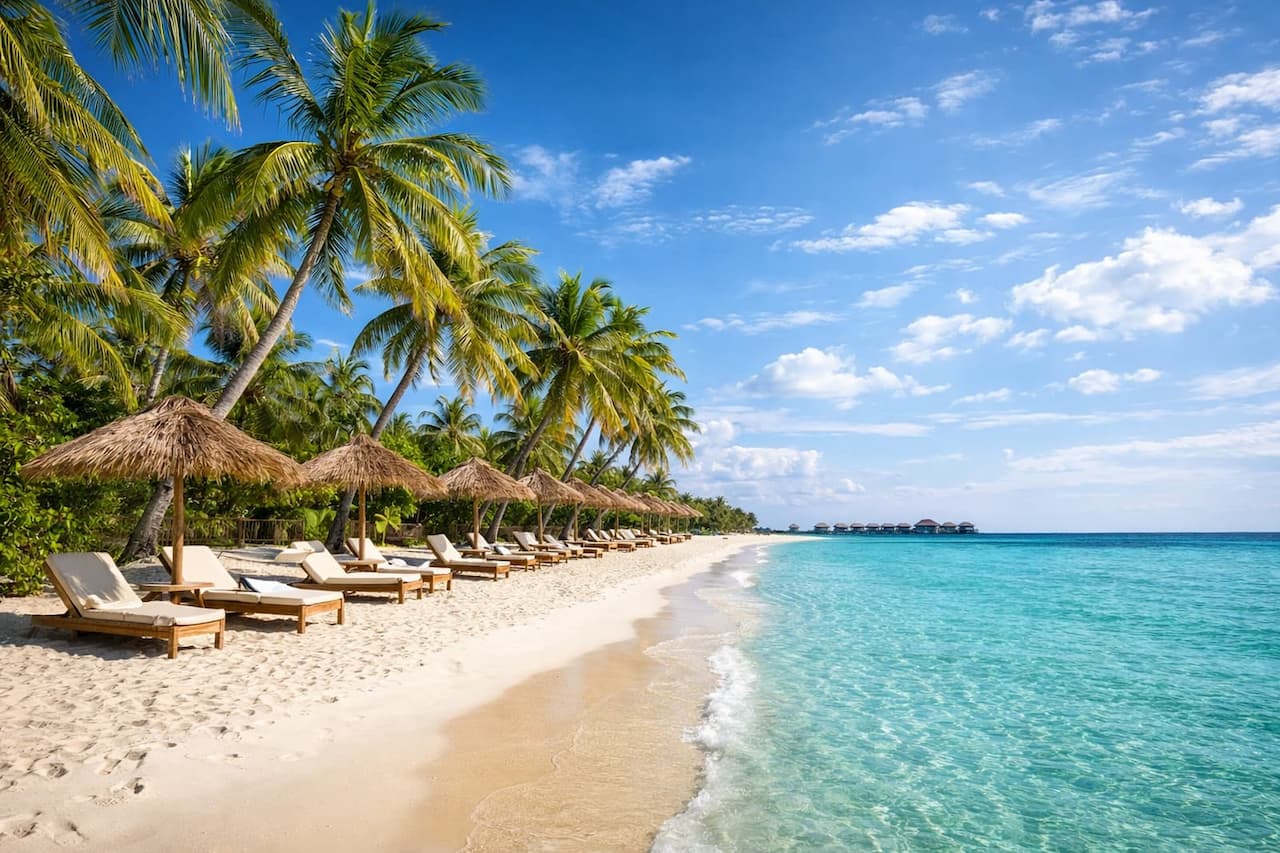 Hotelowy basen z widokiem na palmy i błękitne niebo w tropikalnej okolicy