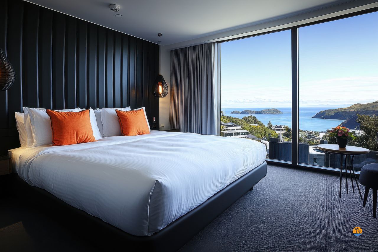 Nowoczesny pokój hotelowy z łóżkiem typu king-size i panoramicznym widokiem na morze