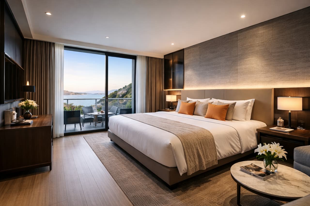 Pokój hotelowy z dwoma łóżkami, jasną podłogą i dużym oknem z zasłonami