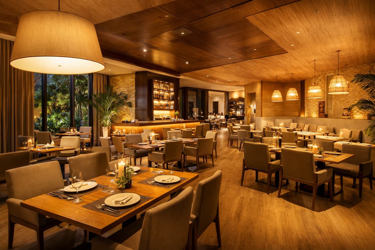 Elegancka restauracja hotelowa z miękkim oświetleniem i złotymi zasłonami na suficie