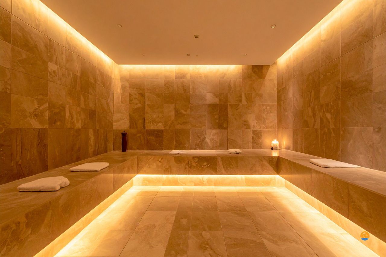 Łaźnia parowa z kamiennymi ścianami i ciepłym oświetleniem LED