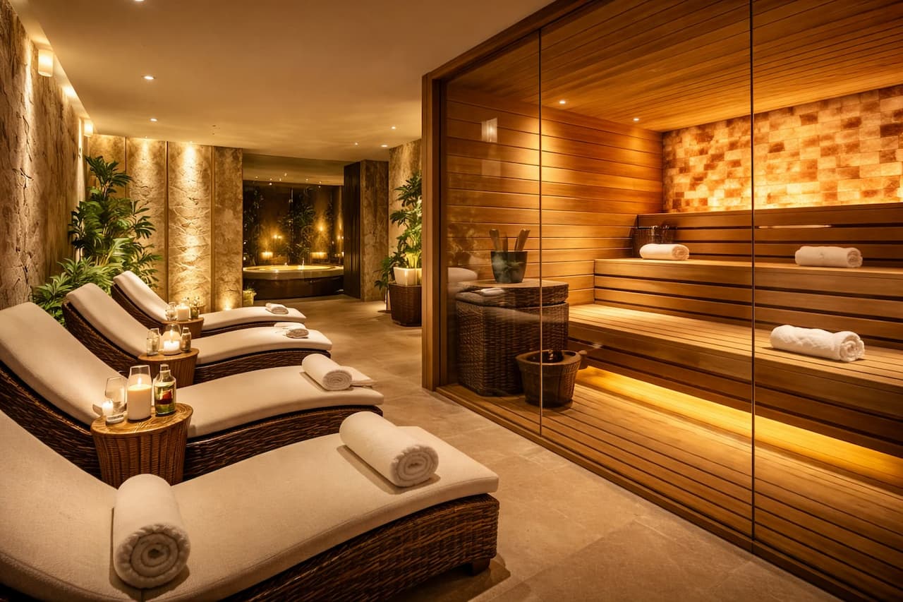 Łaźnia parowa z kamiennymi ścianami i ciepłym oświetleniem LED